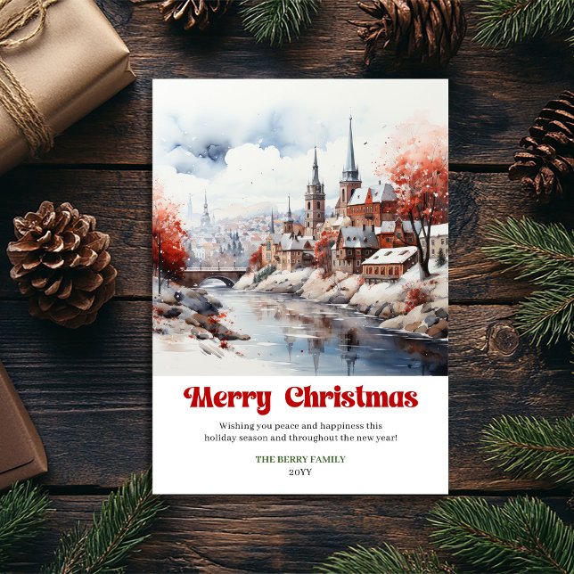 Modern rustic Christmas scene watercolor holiday   (Modern rustic Christmas scene watercolor holiday card)