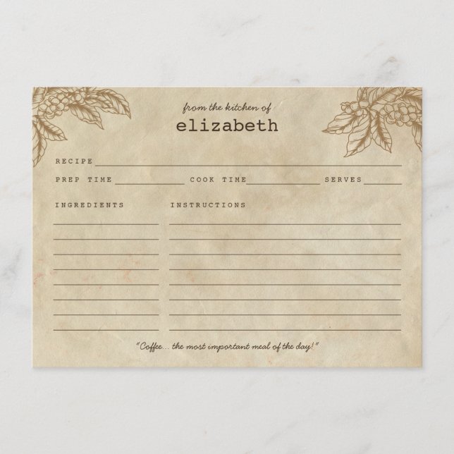 Modern Rustic Coffee Plant Beans Quote Recipe Card (Front)
