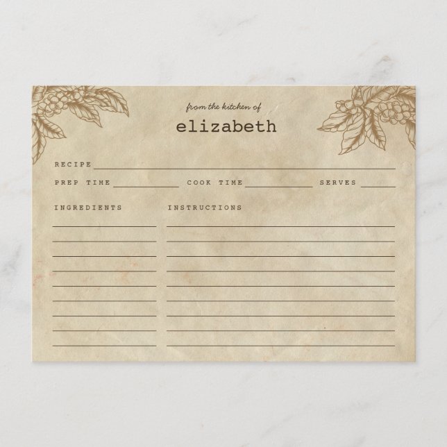 Modern Rustic Coffee Plant Beans Recipe Card (Front)