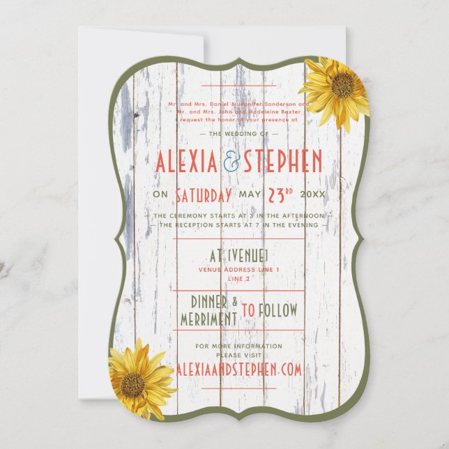 Modern Rustic Country Barn, Boho Sunflower Wedding Invitation (Front)