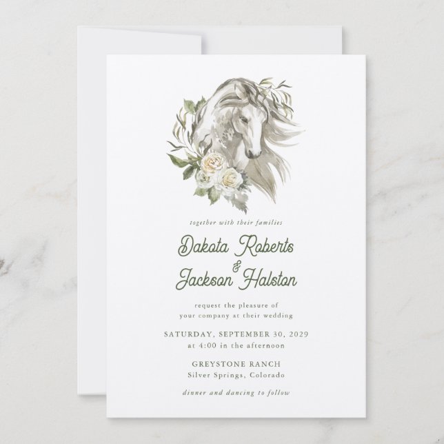 Modern Rustic Country Horse Olive Floral Wedding  Invitation (Front)