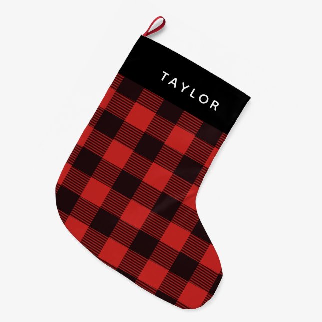 Modern Rustic Country Red & Black Flannel Plaid Large Christmas Stocking (Front (Hanging))
