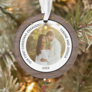 Modern Rustic Couples First Christmas Engaged Ornament