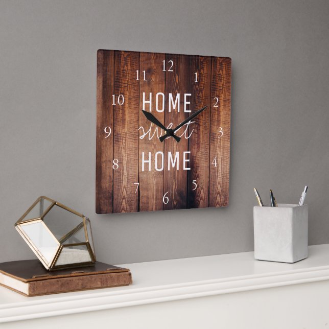 Modern rustic dark barn wood Home sweet home Square Wall Clock (Office)