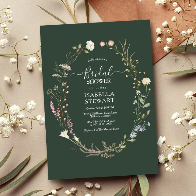 Modern Rustic Dark Green Wildflower Bridal Shower Invitation (Creator Uploaded)