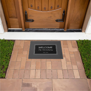 Modern rustic dark grey black welcome family name doormat