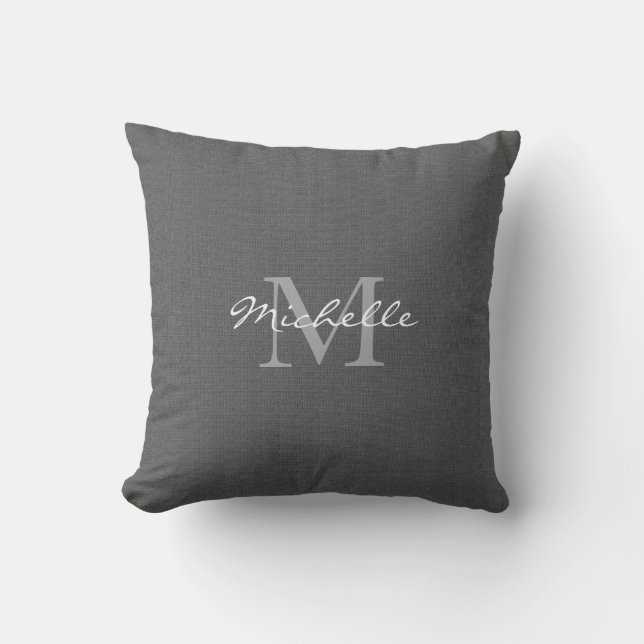 Modern rustic dark Grey burlap monogram name Cushion (Front)