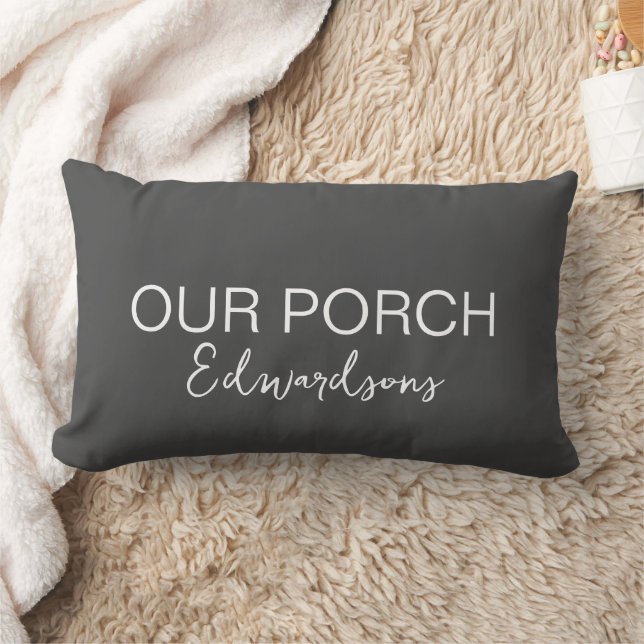 Modern rustic dark grey porch script family name lumbar cushion (Blanket)