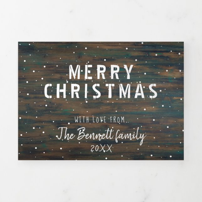 Modern Rustic Dark Wood Script Holiday 2 Photo Tri-Fold Holiday Card (Cover)