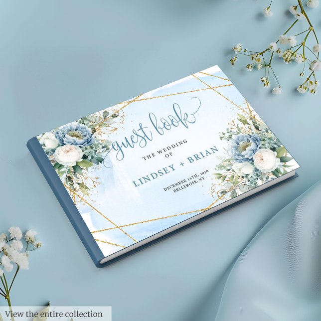 Modern Rustic Dusty Blue White Gold Floral Wedding Guest Book (Modern Rustic Dusty Blue White Gold Floral Wedding Guest Book)