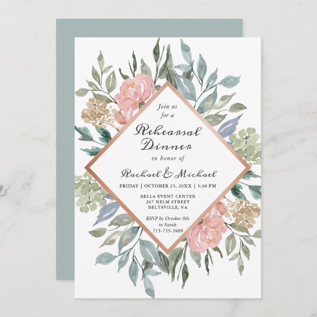 Modern Rustic Dusty Chic Floral Rehearsal Dinner Invitation (Front/Back)