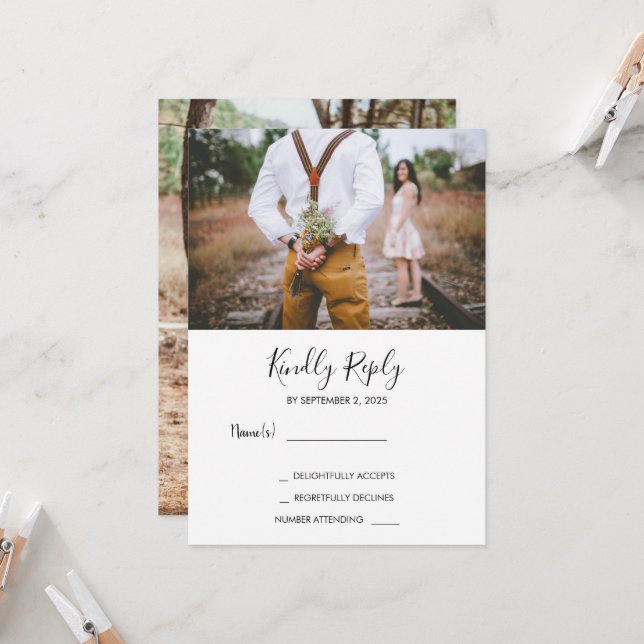 Modern rustic elegant photo RSVP wedding Invitation (Front/Back In Situ)