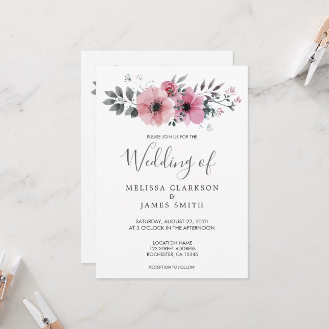 Modern rustic elegant watercolor flowers Wedding Invitation (Front/Back In Situ)