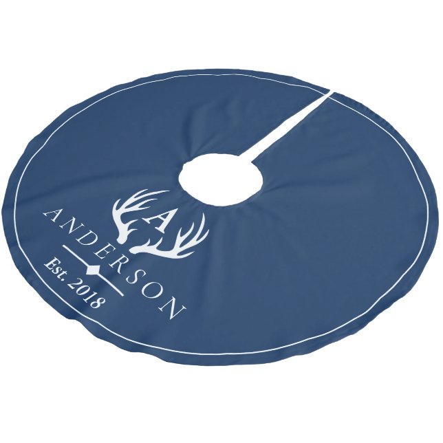 Modern Rustic Elegant White Deer Antlers & Navy Brushed Polyester Tree Skirt (Angled)
