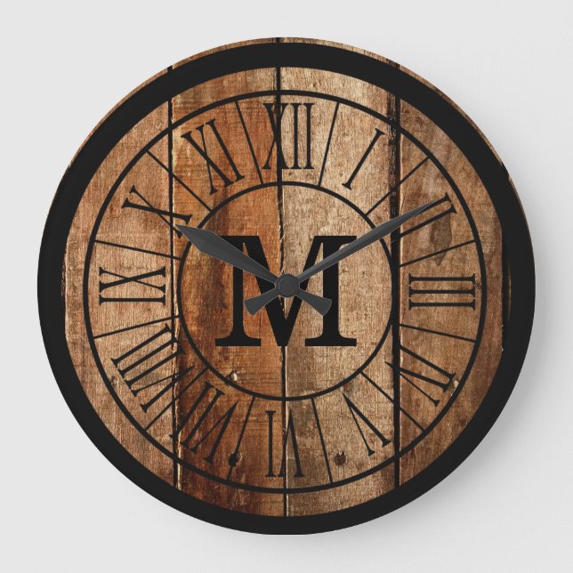 Modern Rustic Farmhouse Family Monogram Barnwood Large Clock (Front)