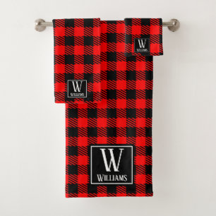 Modern Rustic Farmhouse Red Buffalo Plaid Monogram Bath Towel Set