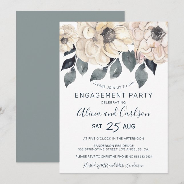 Modern rustic floral calligraphy engagement party invitation (Front/Back)