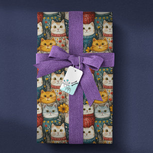 Modern Rustic Floral Cat Friends Pattern Wrapping Paper
