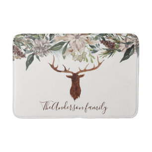 Modern rustic floral foliage stag barn holiday bath mat