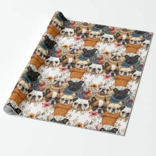 Modern Rustic Floral Pug Dogs Pattern Wrapping Paper