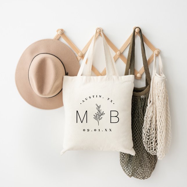 Modern Rustic Floral Stem Wedding Monogram Tote Bag (Creator Uploaded)