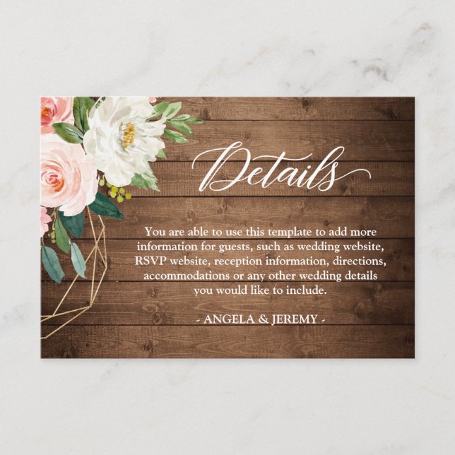 Modern Rustic Floral Wedding Reception Details Enclosure Card (Front)