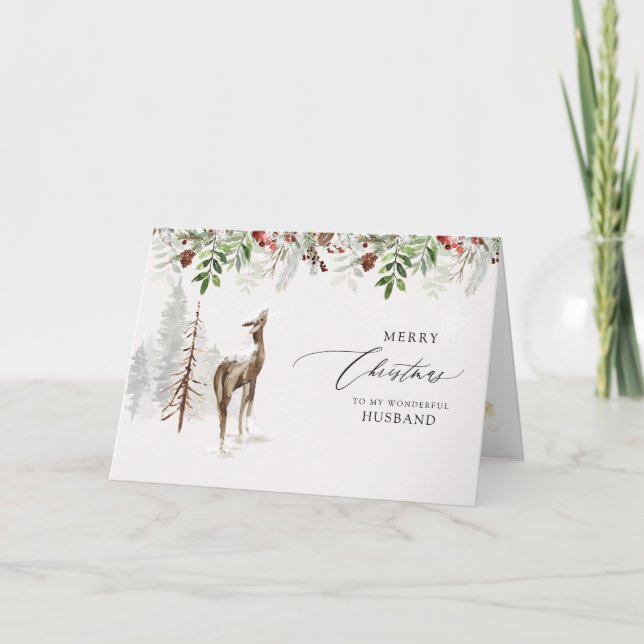 Modern Rustic Forest Snow Cabin Husband Christmas Holiday Card (Front)
