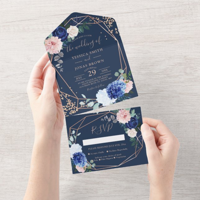 Modern Rustic Geometric Navy Blue Wedding Invitati All In One Invitation (Tearaway)