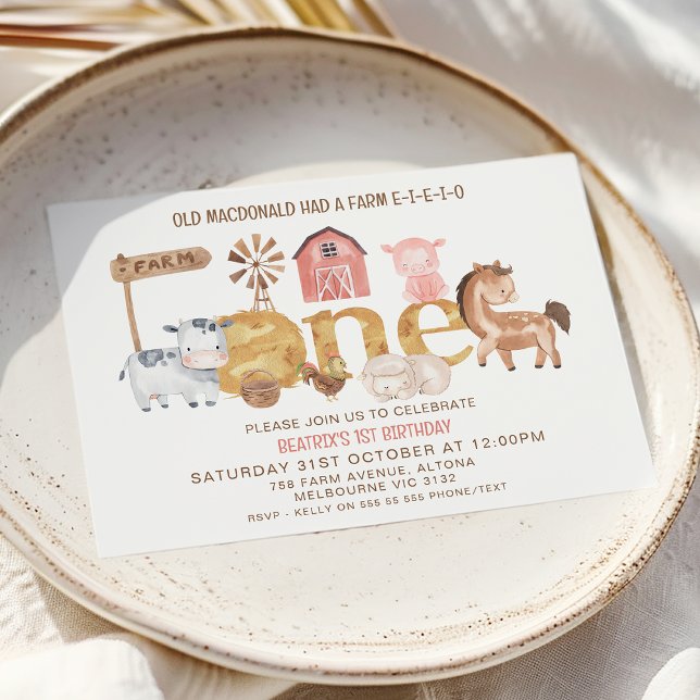 Modern Rustic Girls One Farm 1st Birthday  Invitation (Girls Farm Themed First Birthday Invitation, Farmyard 1st Birthday Invite Girl, Oink Baa Moo Invite)