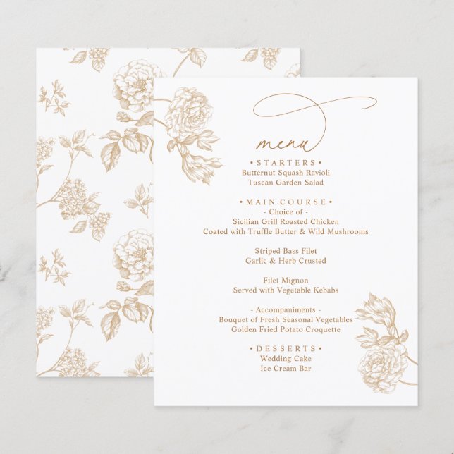 Modern Rustic Gold Floral Wedding Menus (Front/Back)