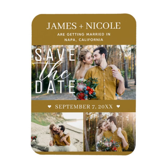 Modern Rustic Gold Save the Date Wedding 3 Photos Magnet (Vertical)