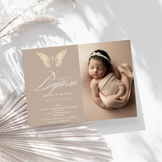 Modern Rustic Gold Typography Cross Photo Baptism Invitation