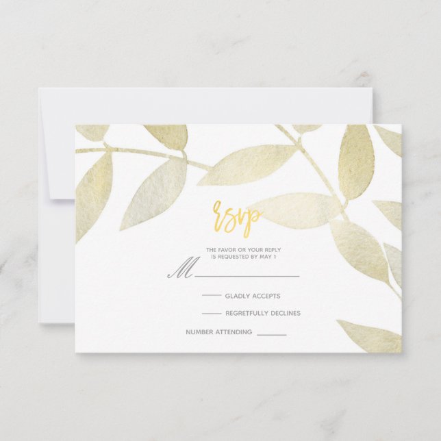 Modern Rustic Golden Gold Leaves Botanical RSVP (Front)