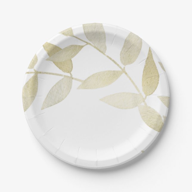 Modern Rustic Golden Gold Leaves Botanical Wedding Paper Plate (Front)