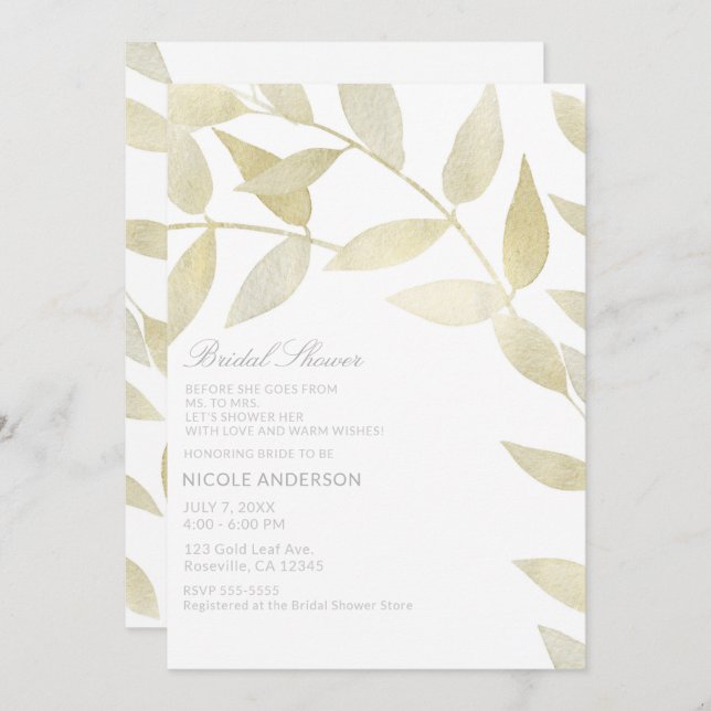 Modern Rustic Golden Gold Leaves Bridal Shower Invitation (Front/Back)