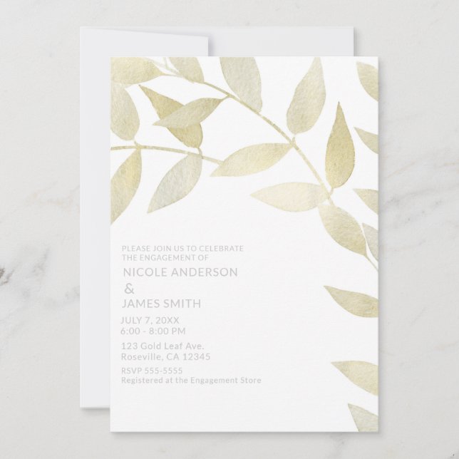 Modern Rustic Golden Gold Leaves Engagement Shower Invitation (Front)