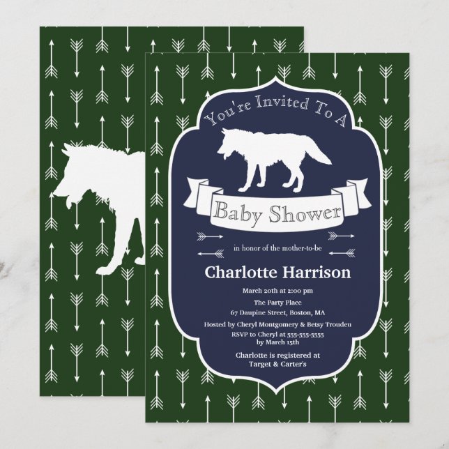 Modern Rustic Green & Blue Wolf Arrows Baby Shower Invitation (Front/Back)