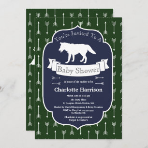 Modern Rustic Green & Blue Wolf Arrows Baby Shower Invitation