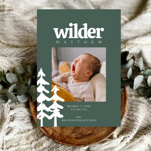 Modern Rustic Green Forest Baby Name Photo Birth Announcement