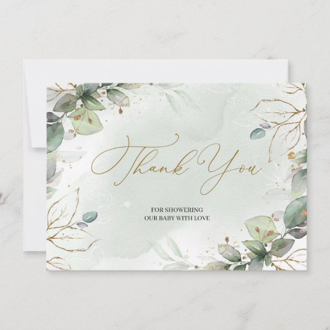 Modern Rustic greenery floral leaves and faux gold Thank You Card (Front)