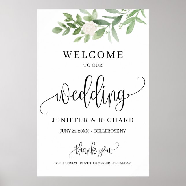 Modern rustic greenery floral wedding welcome poster (Front)