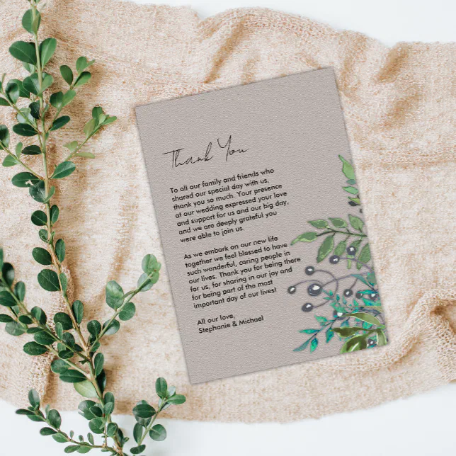 Modern Rustic Greenery Wedding Thank You Card | Zazzle