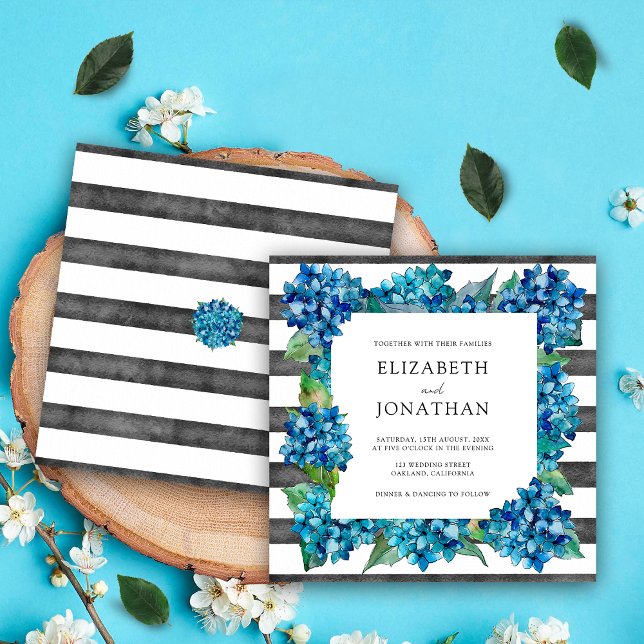 Modern Rustic Grey Blue Hydrangeas Striped Wedding Invitation (Creator Uploaded)