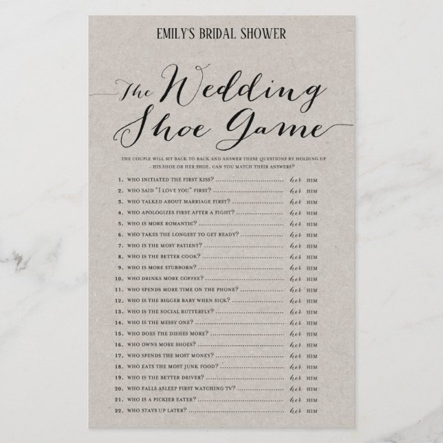 Modern Rustic Grey Bridal Shower Game PRINTED (Front)