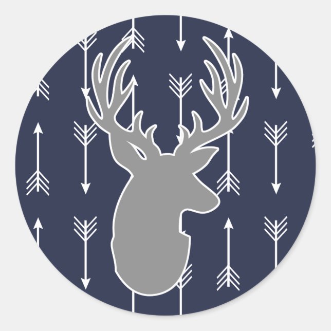 Modern Rustic Grey Deer & White Arrows Classic Round Sticker (Front)