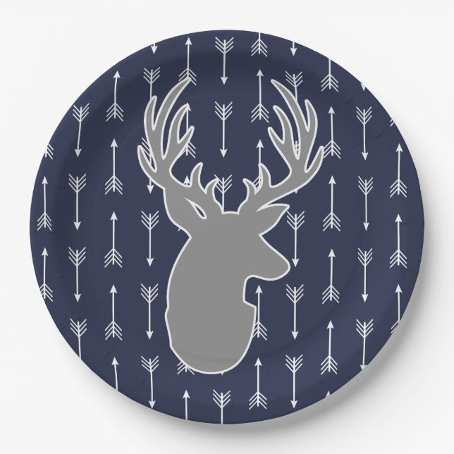 Modern Rustic Grey Deer & White Arrows Paper Plate (Front)
