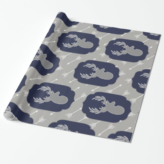 Modern Rustic Grey Deer & White Arrows Wrapping Paper (Unrolled)