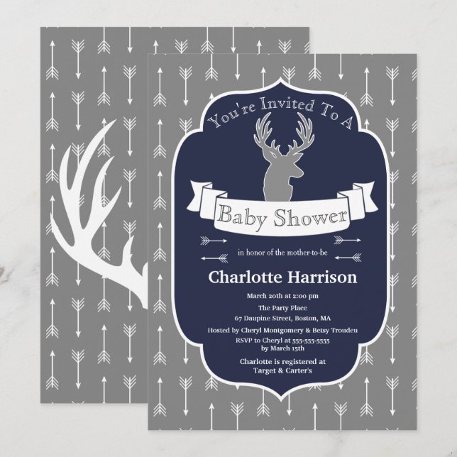 Modern Rustic Grey & Navy Deer & Arrow Baby Shower Invitation (Front/Back)