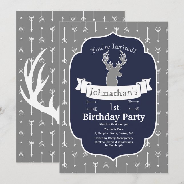 Modern Rustic Grey & Navy Deer & Arrow Birthday Invitation (Front/Back)