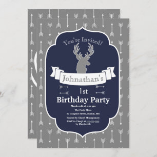 Modern Rustic Grey & Navy Deer & Arrow Birthday Invitation